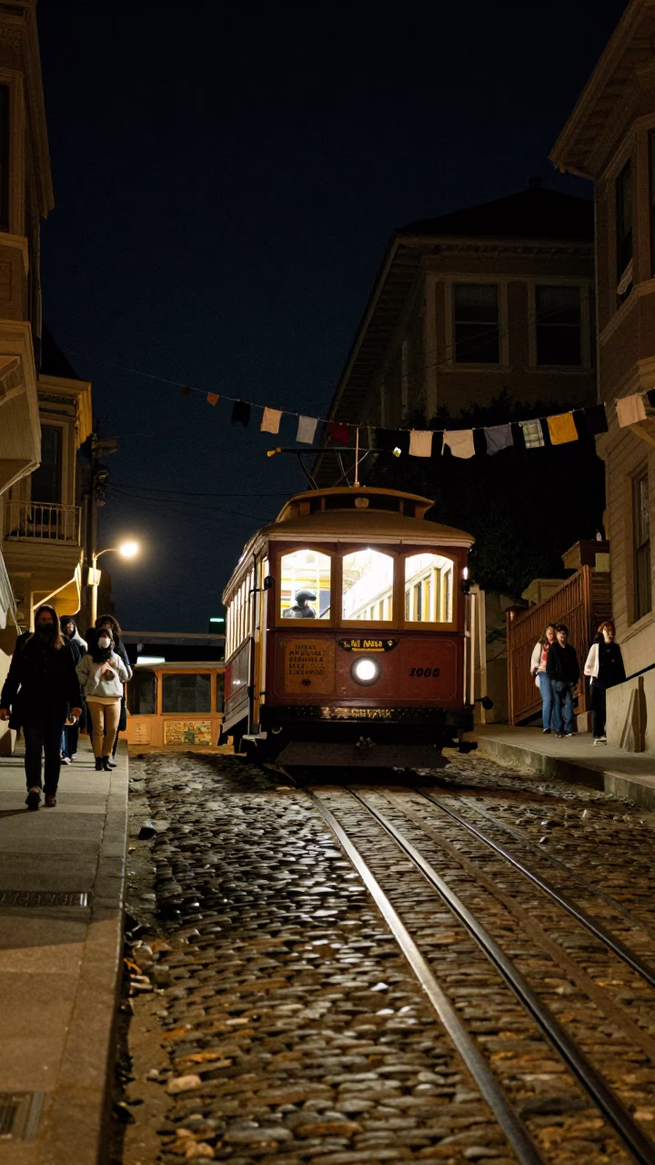 Nighttime Funicular Climbing Steep San Francisco Hill With Clothesline And Streetlights in in San Francisco, California, United States