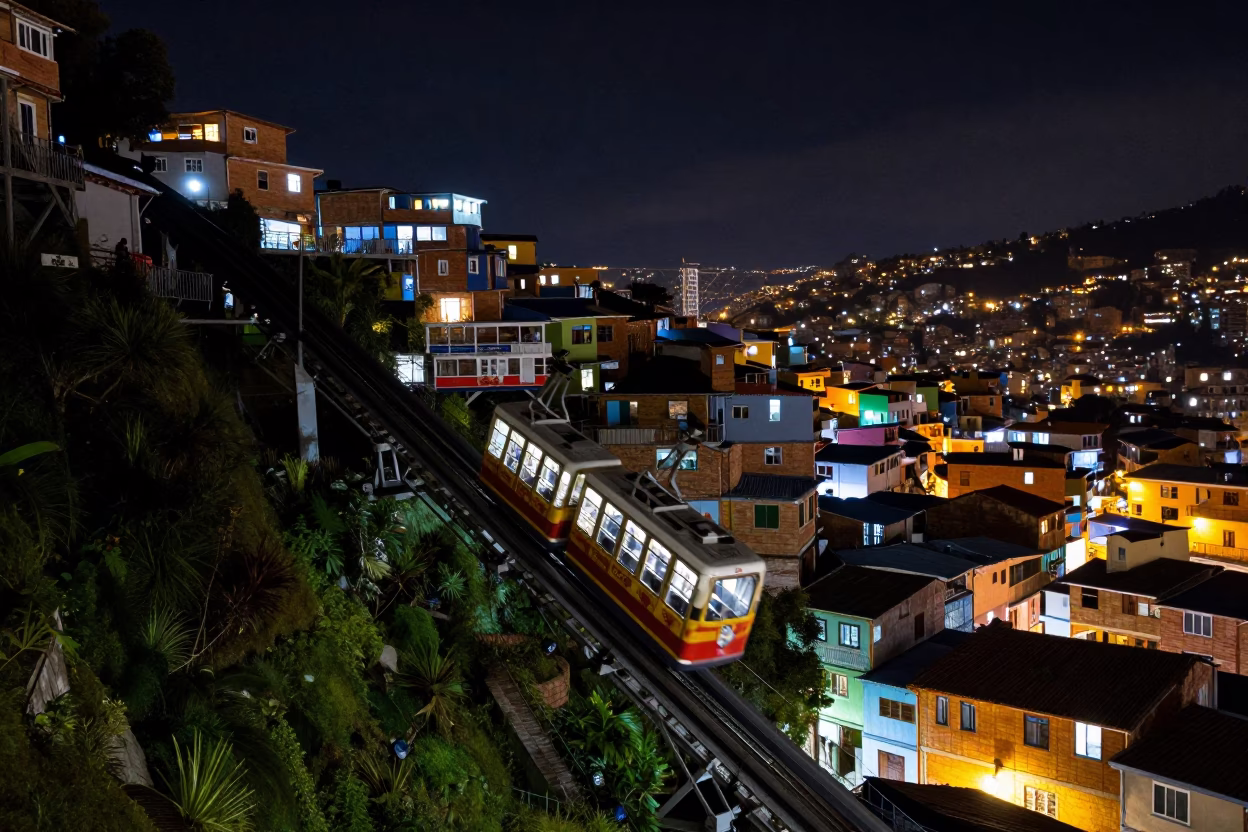 Nighttime Funicular Ride Through Comuna 13 Terraced Gardens in Medellin Colombia in in Medellin, Colombia
