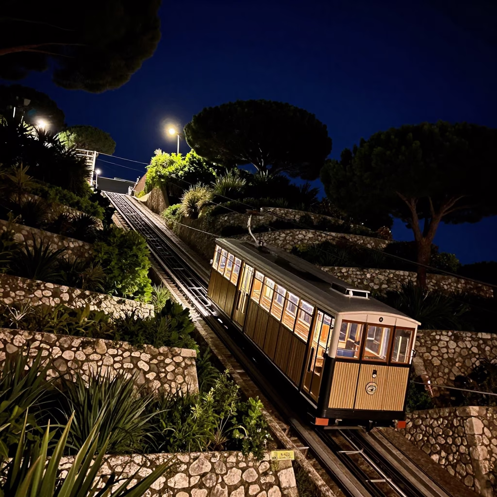 Nighttime Funicular Ride Through Terraced Gardens in Nice France in in Nice, France