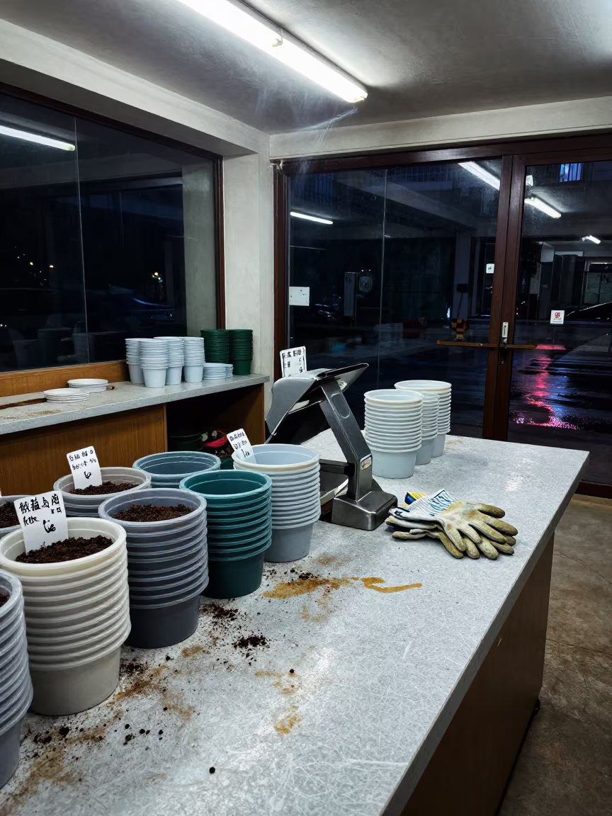 Nighttime Garden Checkout with Soil Tags and Gloves in inside a storefront prepared for opening in Xian