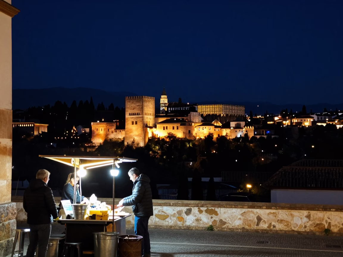 Nighttime Granada Spain Street Scene with Alhambra Lights and Local Food Vendors in in Granada, Spain