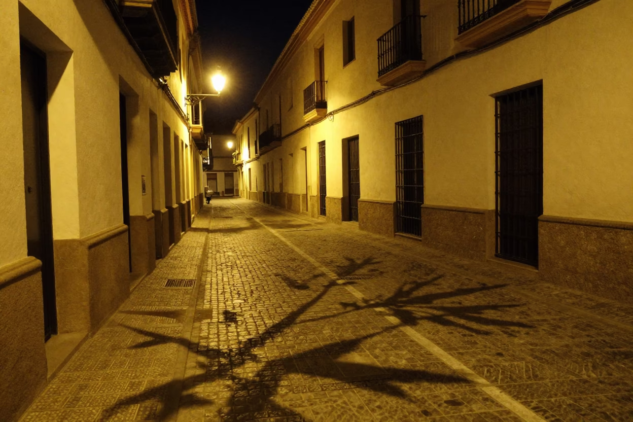 Nighttime Granada Spain Street Scene with Leaf Shadows on Tiled Floor and Drying Rack in in Granada, Spain