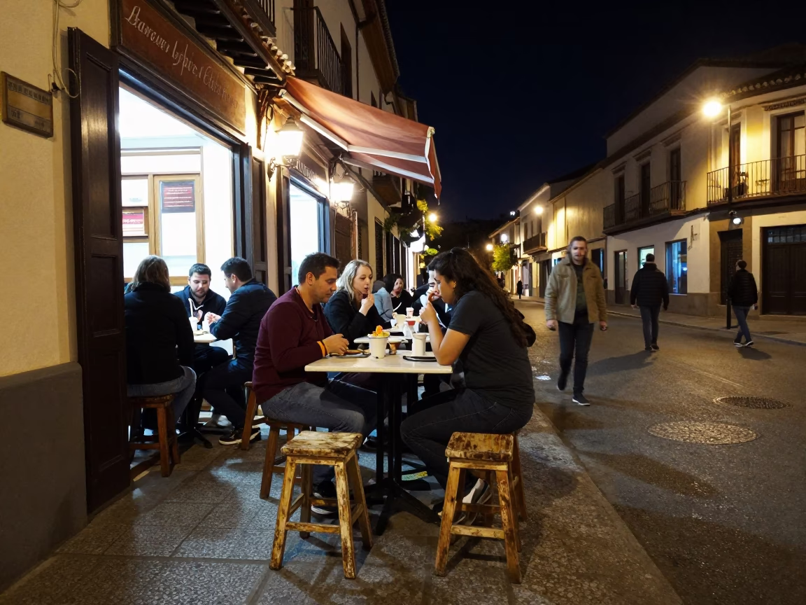 Nighttime Granada Spain Street Scene with Local Dining and Urban Architecture in in Granada, Spain