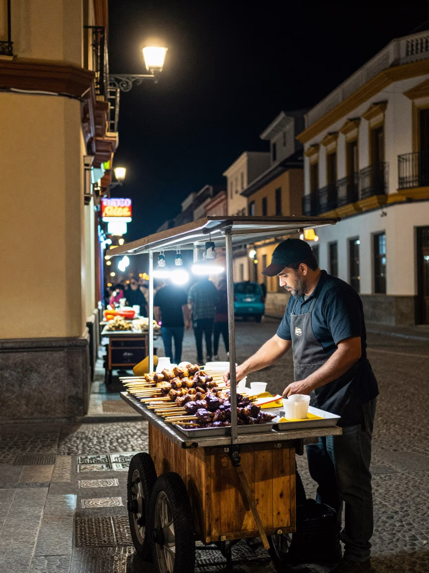 Nighttime Granada Spain Street Scene with Neon Lights and Local Food Vendors in in Granada, Spain