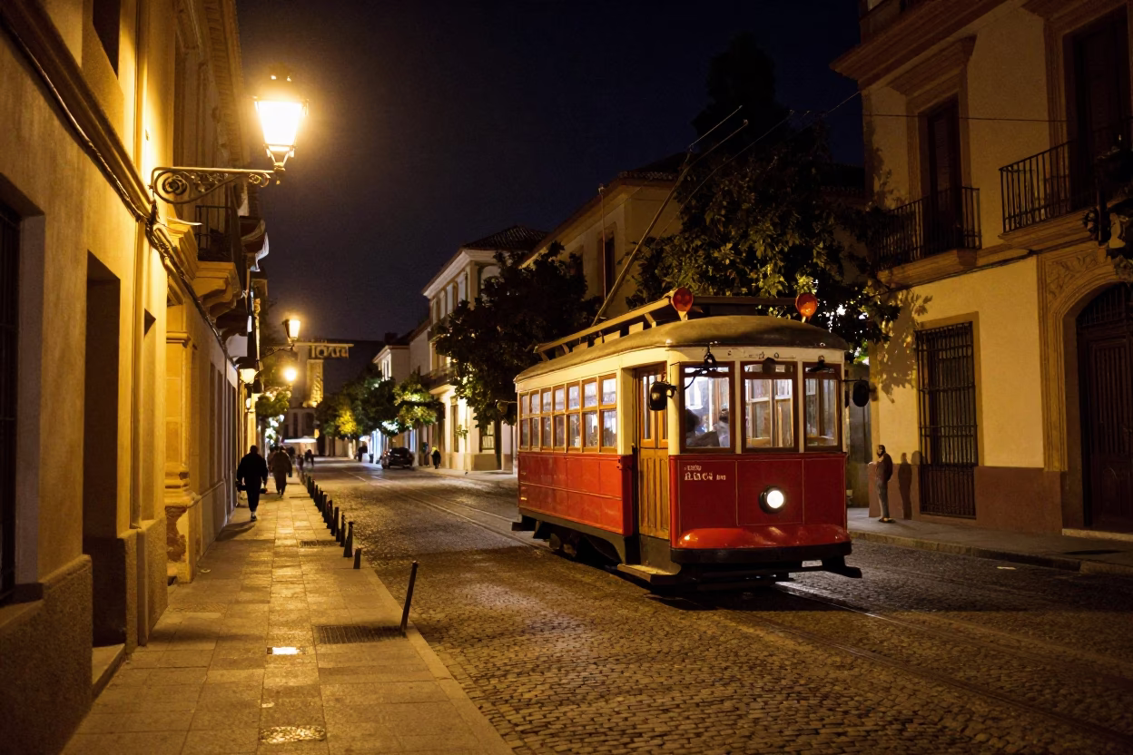 Nighttime Granada Spain street scene with old trolley and historic architecture in in Granada, Spain