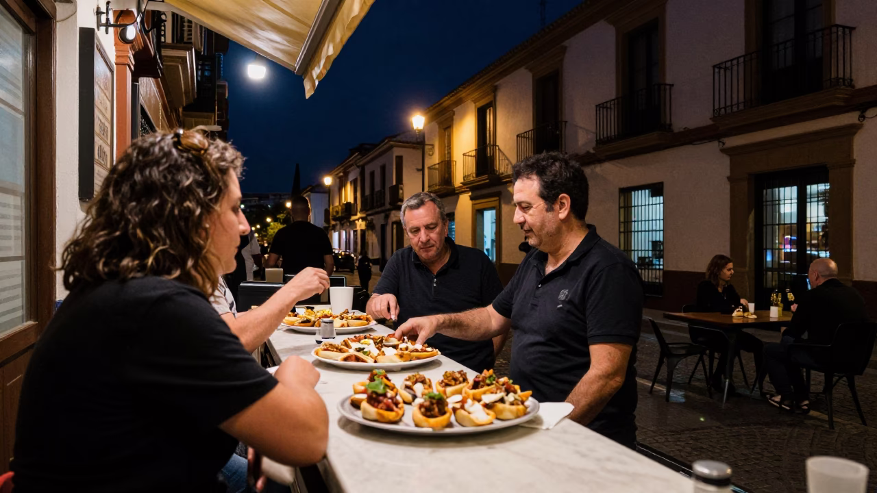 Nighttime Granada Spain Street Scene with Pintxos and Local Interaction in in Granada, Spain