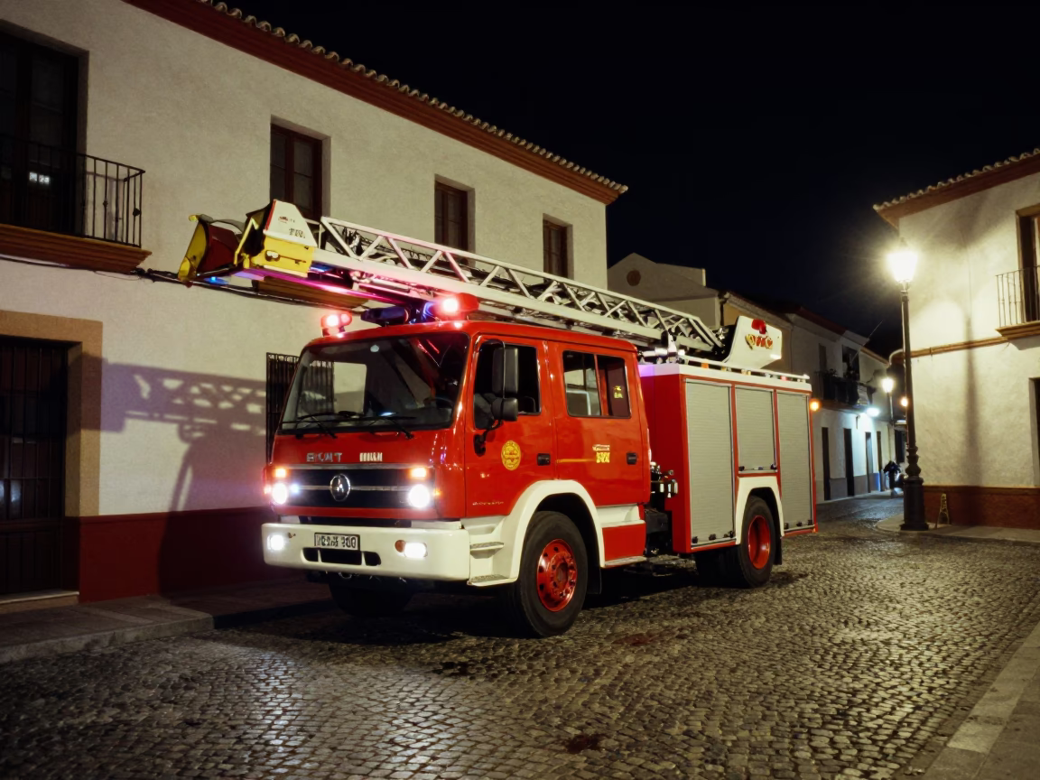 Nighttime Granada Spain Street Scene with Red Fire Engine and Historic Architecture in in Granada, Spain
