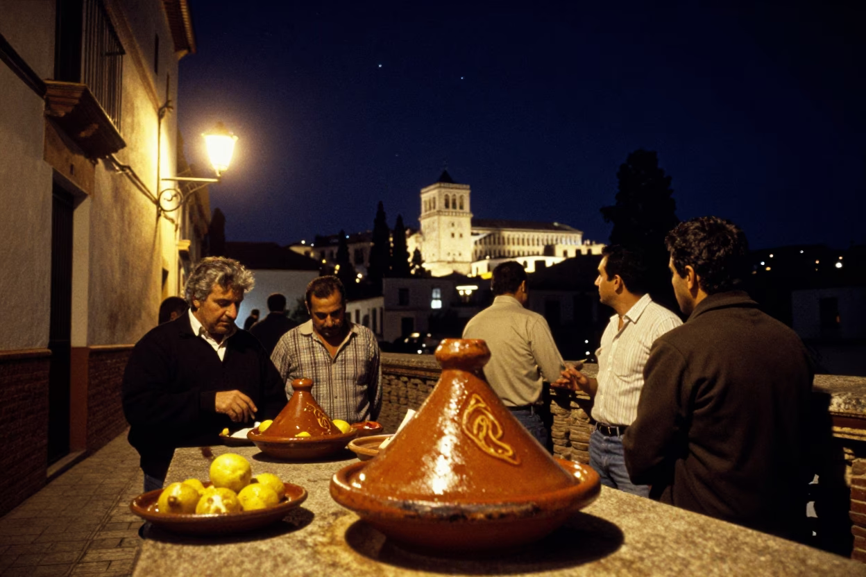 Nighttime Granada Spain street scene with traditional tagine and starry sky in in Granada, Spain