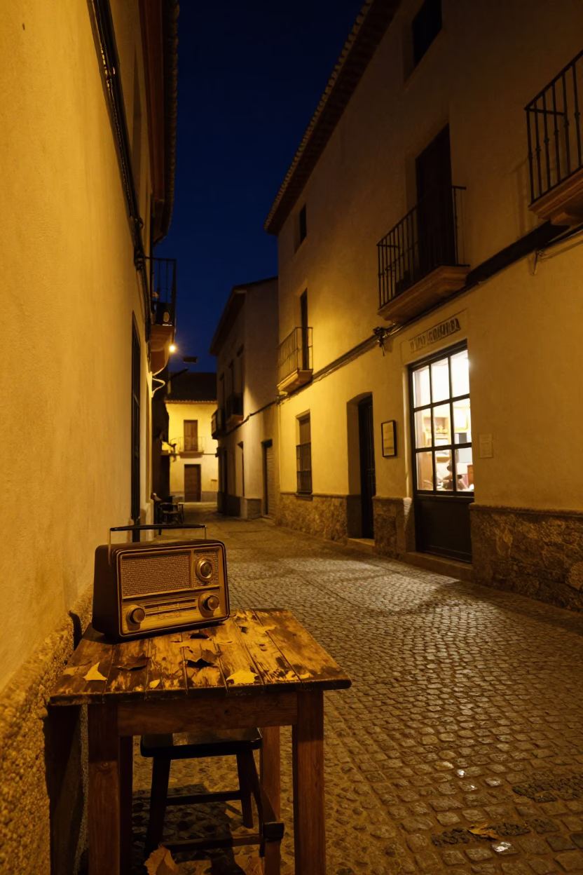Nighttime Granada Spain Street Scene with Vintage Radio and Leaf Shadows on Stone Pavement in in Granada, Spain