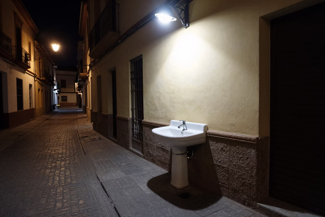 Nighttime Granada Spain Street Scene with Wash Basin and Urban Details in in Granada, Spain