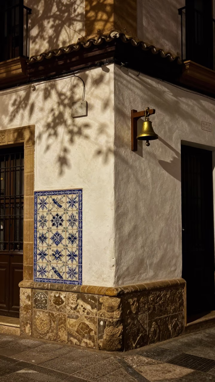 Nighttime Granada Street Corner with Ceramic Tiles and Brass Bell in in Granada, Spain