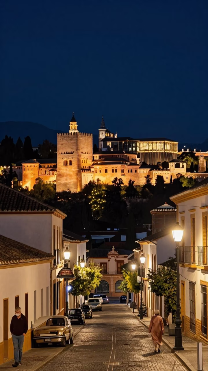 Nighttime Granada Street Scene with Alhambra Lights and Local Dining in in Granada, Spain