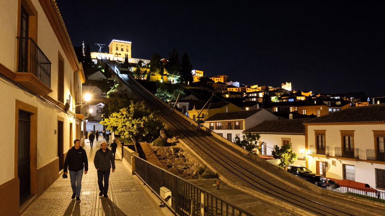 Nighttime Granada Street Scene with Funicular Climbing Steep Hill and Local Interaction in in Granada, Spain