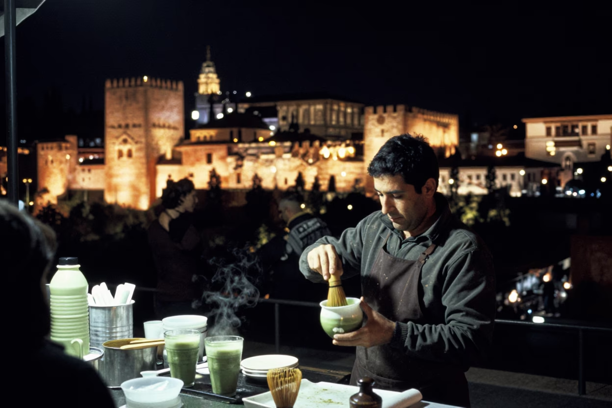 Nighttime Granada Street Scene with Matcha Tea Whisking and Steel Saucer in in Granada, Spain
