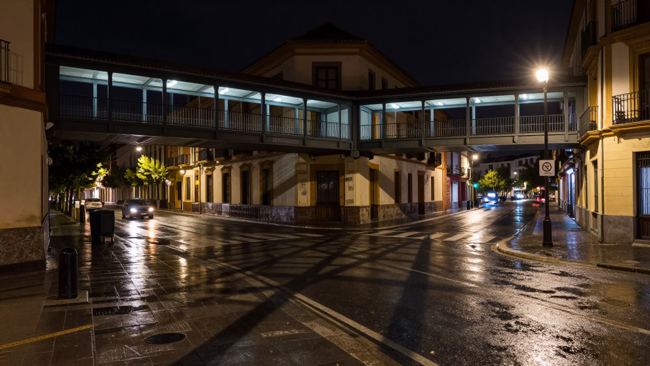 Nighttime Granada Street Scene with Pedestrian Overpass and Wet Footsteps in Spain in in Granada, Spain