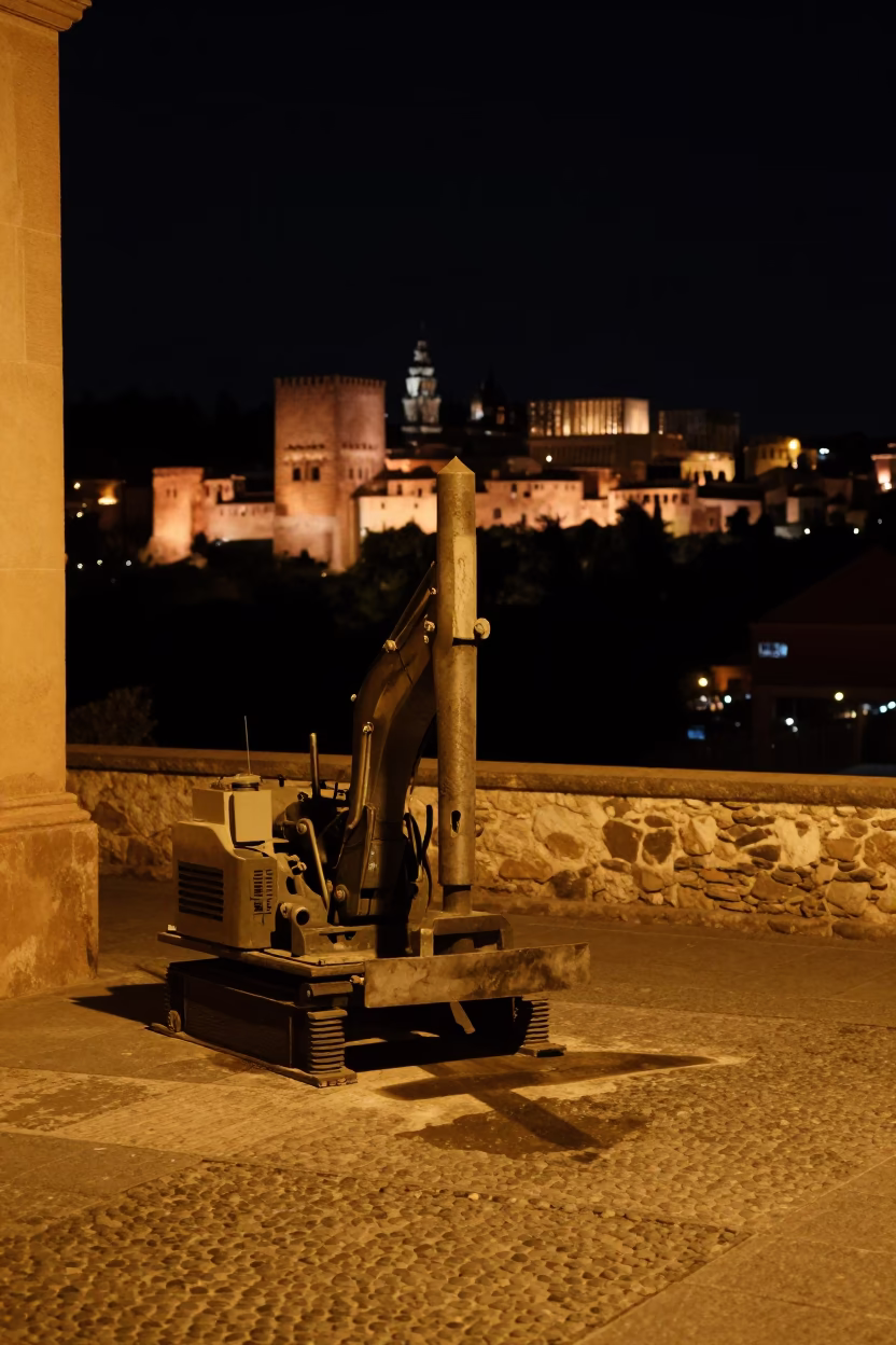 Nighttime Granada Street Scene with Pile Driver and Paint Flecks on Bench in in Granada, Spain