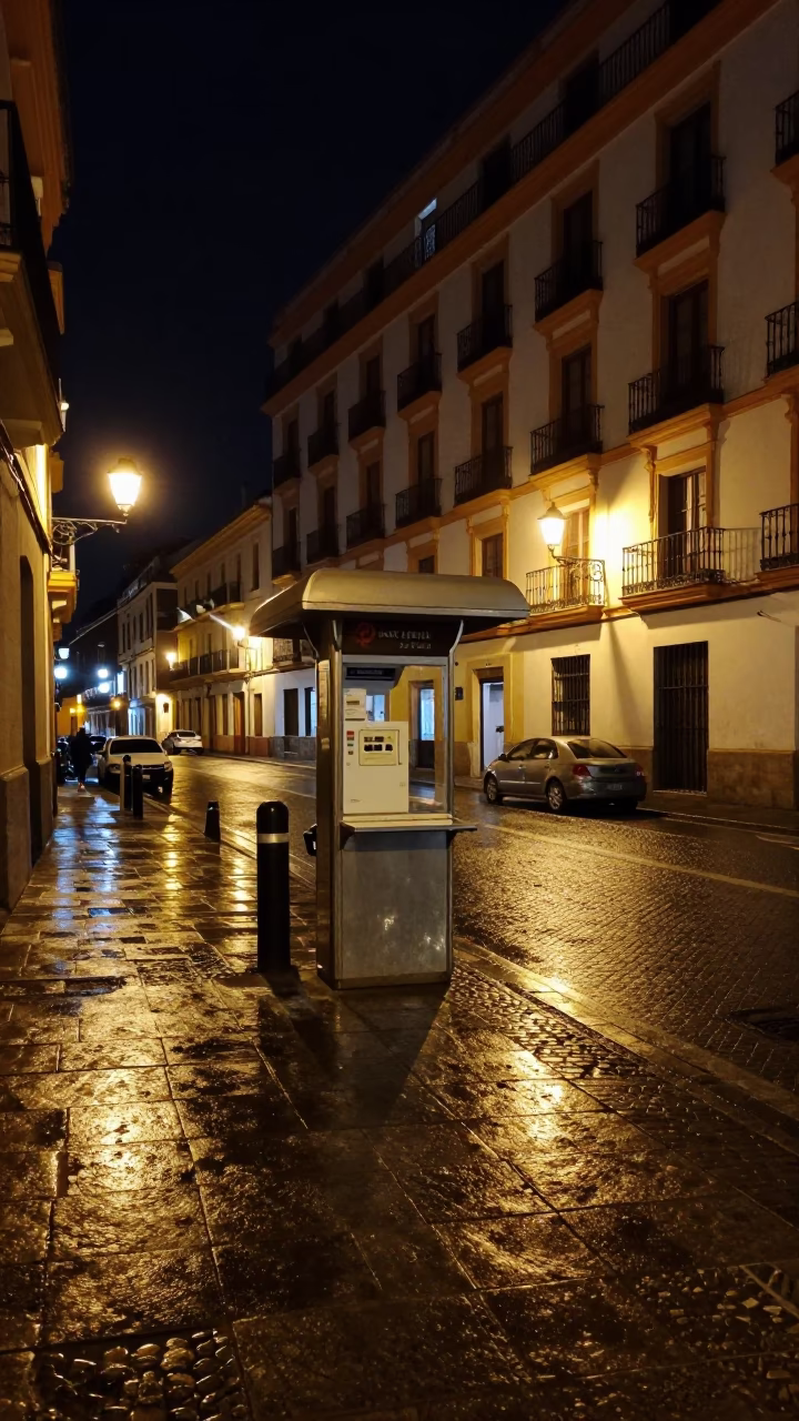 Nighttime Granada Street Scene with Valet Stand and Hotel Awning Reflections in in Granada, Spain