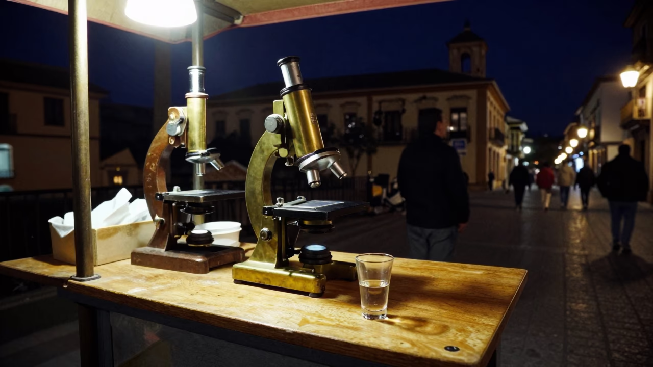 Nighttime Granada Street Scene with Vintage Brass Microscope and Starry Sky Observatory Dome in in Granada, Spain