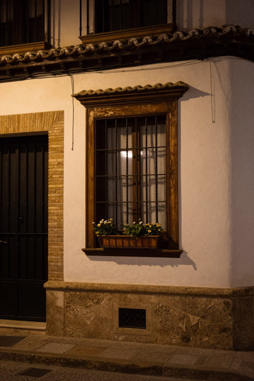 Nighttime Granada Street Scene with Window Box and Gate Handle in Spain in in Granada, Spain