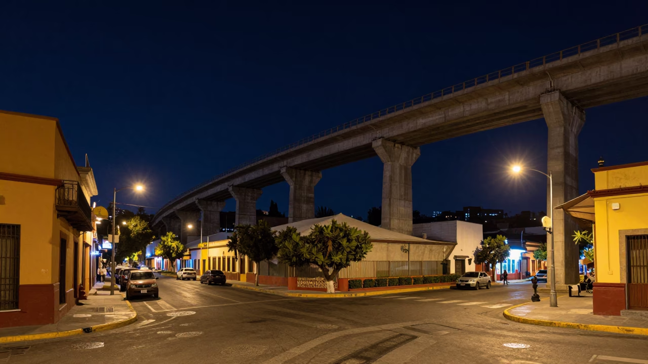 Nighttime Guadalajara Mexico Street Scene with Concrete Viaduct and Local Coffee Vendor in in Guadalajara, Mexico