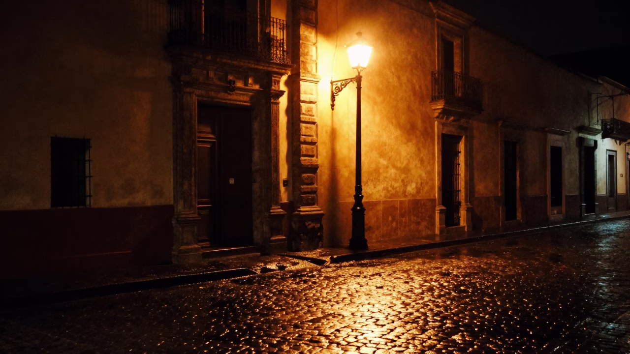 Nighttime Guadalajara Street Scene with Grease Sheen on Tile Grout and Electric Kettle in in Guadalajara, Mexico