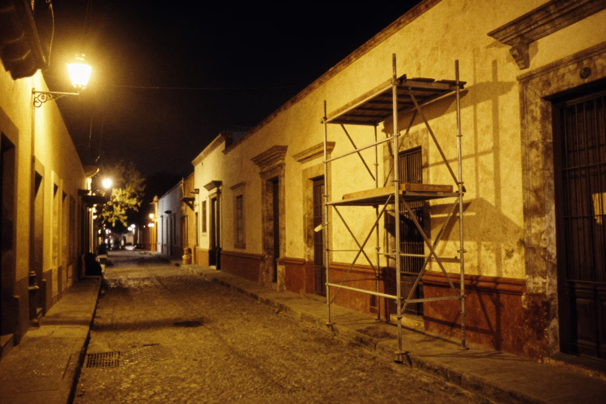 Nighttime Guadalajara Street Scene with Mason Scaffolding and Local Interaction in in Guadalajara, Mexico
