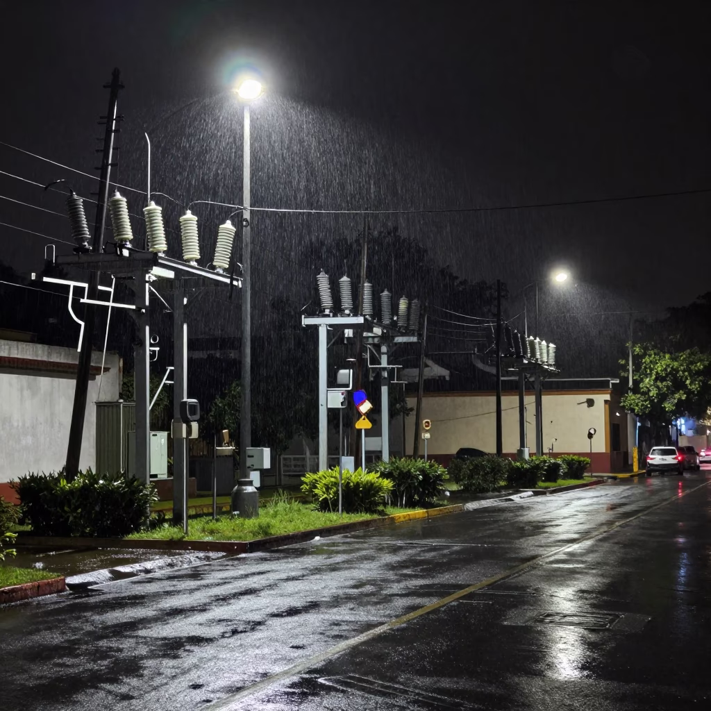 Nighttime Guadalajara Street Scene with Substation Insulators and Rain Puddles Under Floodlights in in Guadalajara, Mexico