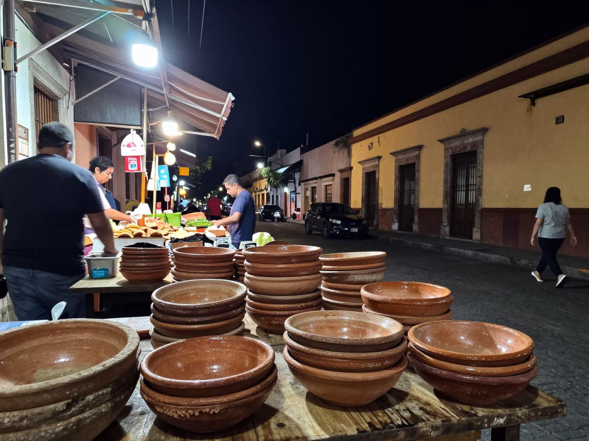 Nighttime Guadalajara Street Scene with Terracotta Bowls and Urban Infrastructure in in Guadalajara, Mexico