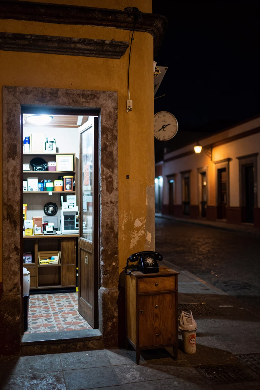 Nighttime Guadalajara Street Scene with Vintage Bakelite Telephone and Local Market Activity in in Guadalajara, Mexico