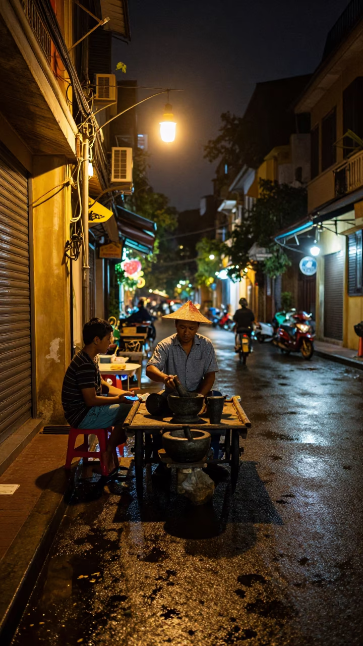Nighttime Hanoi Street Scene with Mortar and Pestle and Terracotta Pot in in Hanoi, Vietnam