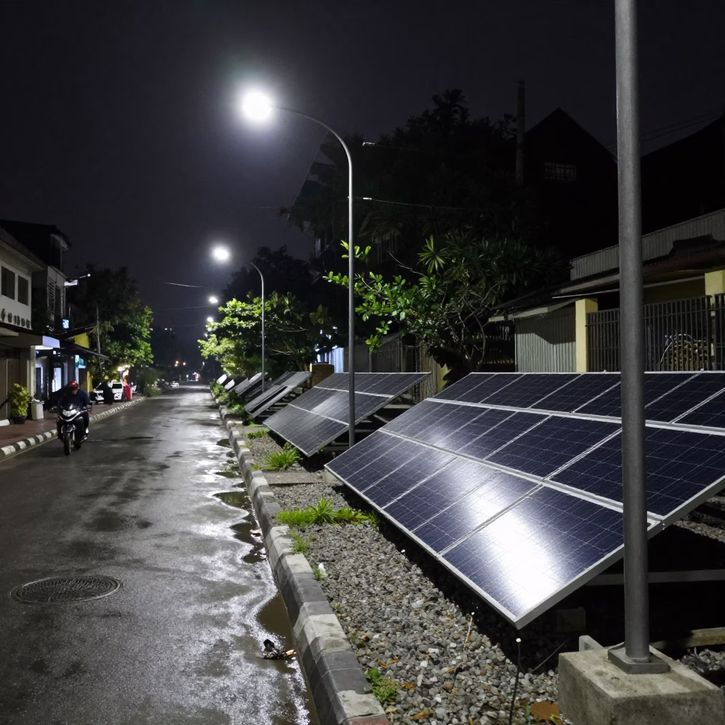 Nighttime Hanoi Street Scene with Solar Panels and Concrete Architecture in in Hanoi, Vietnam