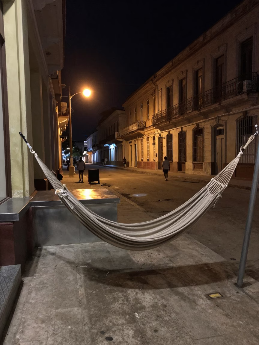 Nighttime Havana Cuba Street Scene with Hammock and Steel Counter in in Havana, Cuba