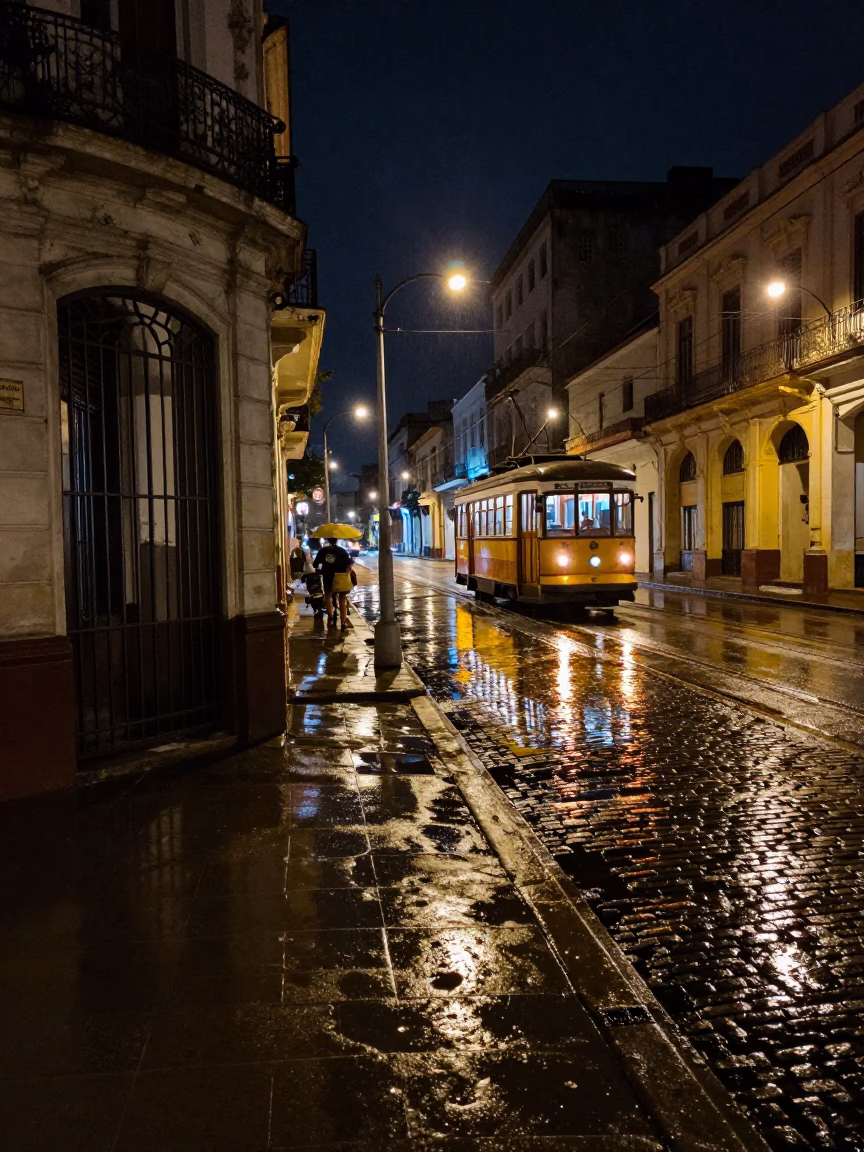 Nighttime Havana Cuba street scene with tram reflection and gate details in in Havana, Cuba