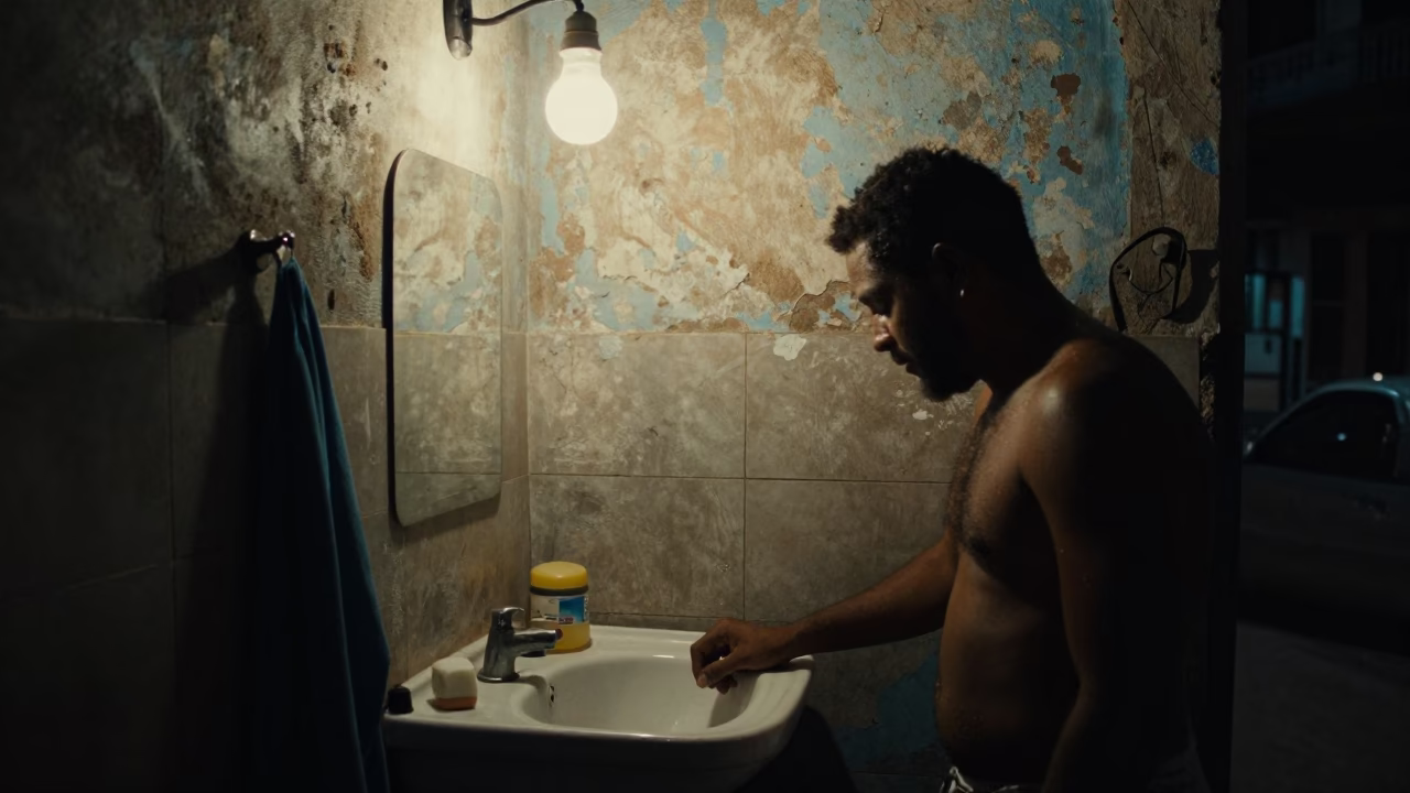 Nighttime Havana Street Scene with Bar Soap and Soap Residue on Bathroom Sink in in Havana, Cuba