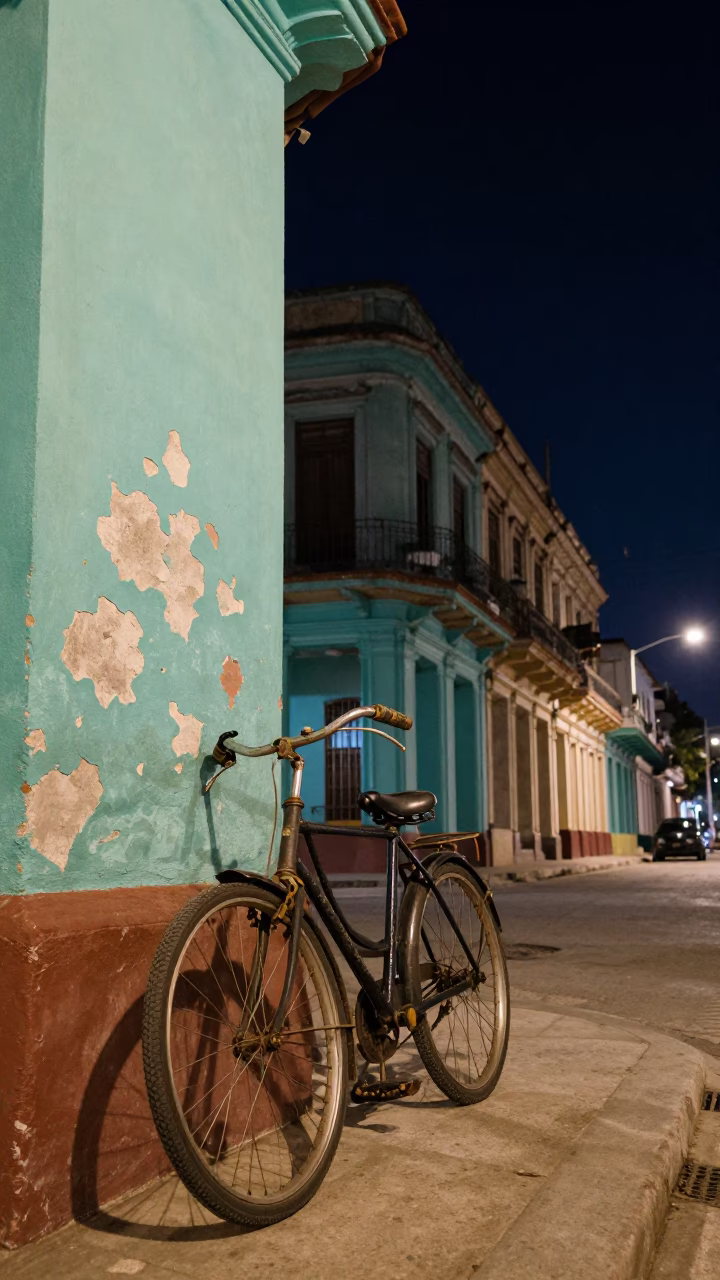 Nighttime Havana Street Scene with Bicycle and Colonial Architecture in in Havana, Cuba