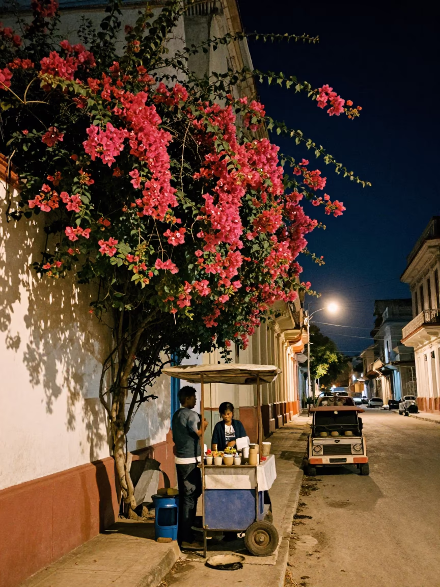 Nighttime Havana Street Scene with Bougainvillea and Coffee Vendor in in Havana, Cuba