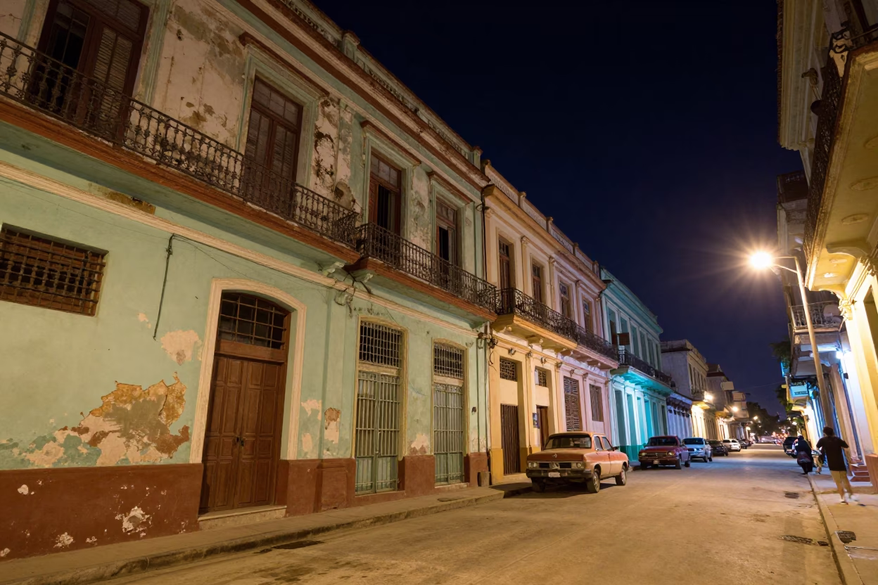 Nighttime Havana Street Scene with Colorful Architecture and Local Street Vendor in in Havana, Cuba