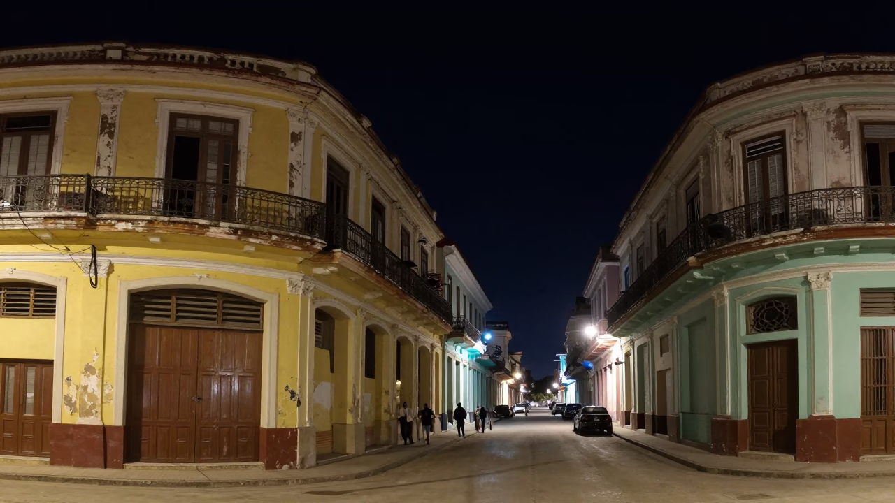 Nighttime Havana Street Scene with Colorful Vintage Details and Local Life in in Havana, Cuba