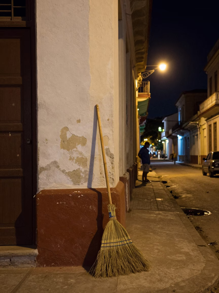 Nighttime Havana Street Scene with Hand Broom and Straw Hat in Cuba in in Havana, Cuba