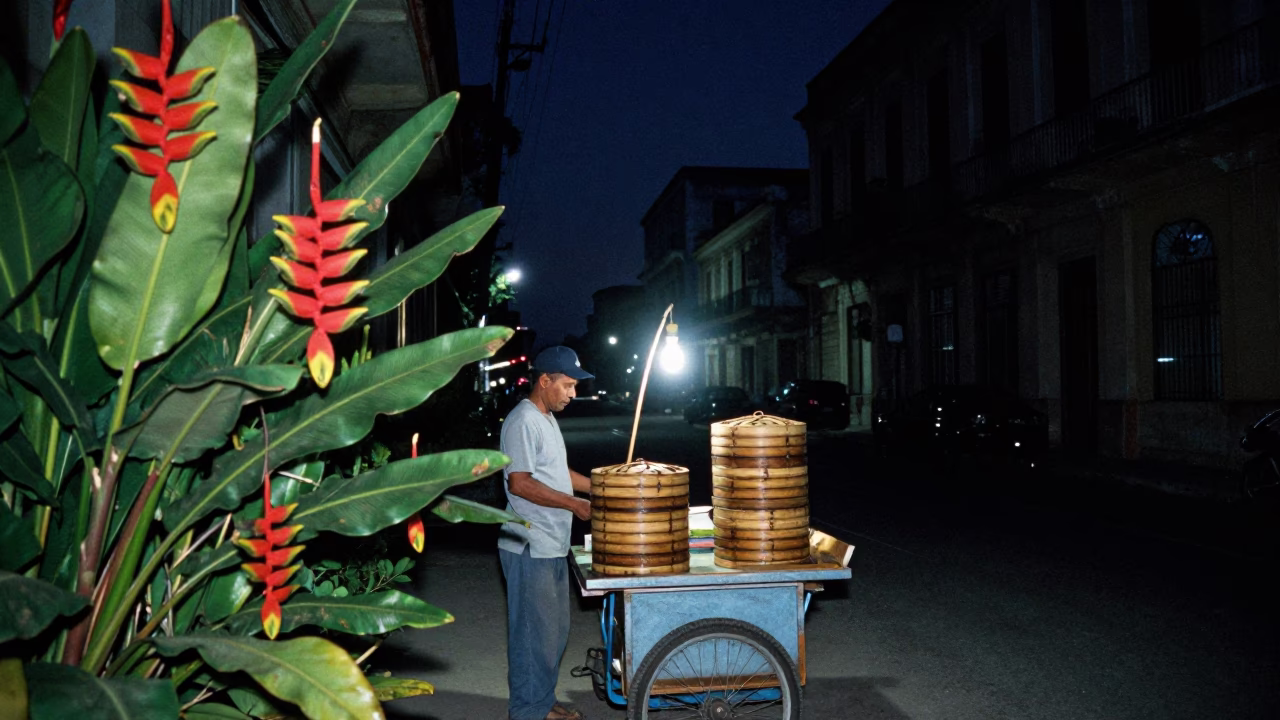Nighttime Havana Street Scene with Heliconia Flowers and Dim Sum Steamers in in Havana, Cuba