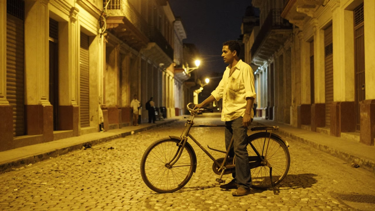 Nighttime Havana Street Scene with Lantern Light and Local Life in in Havana, Cuba