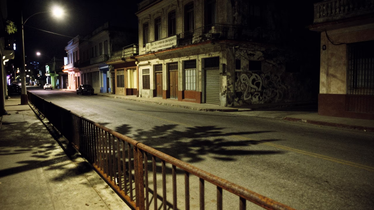 Nighttime Havana Street Scene with Leaf Shadows on Rail and Local Life in in Havana, Cuba