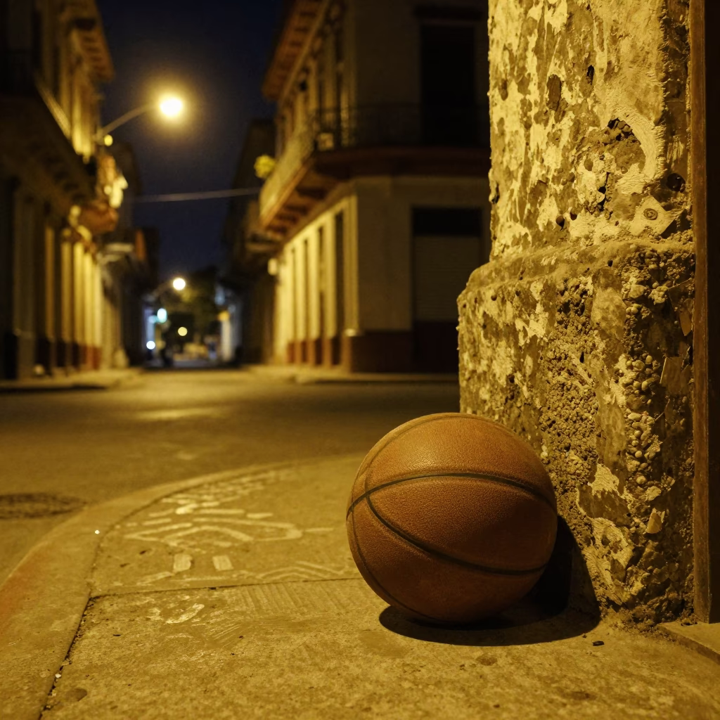 Nighttime Havana Street Scene with Old Leather Basketball and Linen Fringe Details in in Havana, Cuba