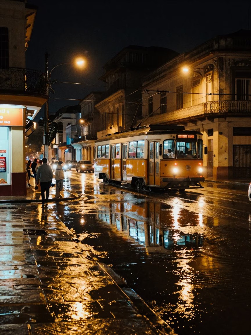 Nighttime Havana Street Scene with Reflected Tramcar and Urban Details in in Havana, Cuba