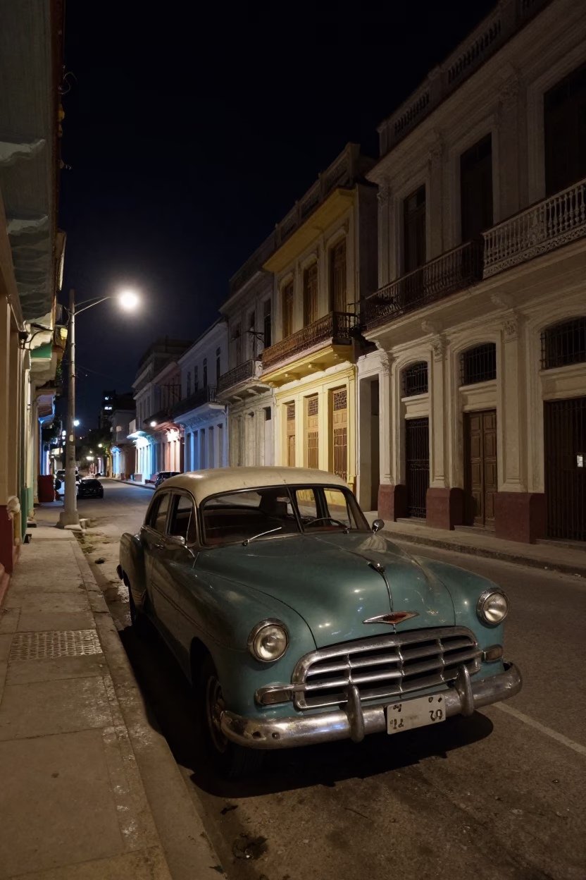 Nighttime Havana Street Scene with Vintage Car and Colonial Architecture in in Havana, Cuba