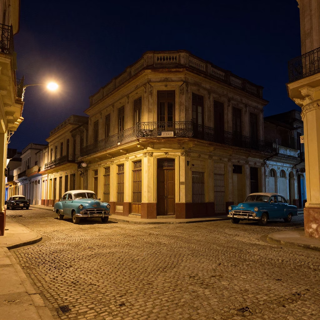 Nighttime Havana Street Scene with Vintage Car and Local Life in in Havana, Cuba