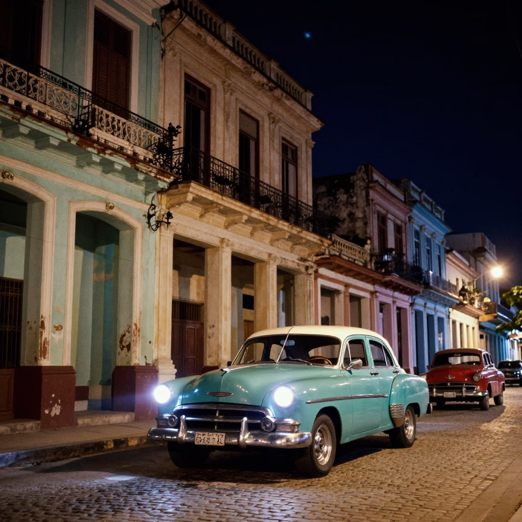 Nighttime Havana Street Scene with Vintage Car and Neon Lights in Cuba in in Havana, Cuba