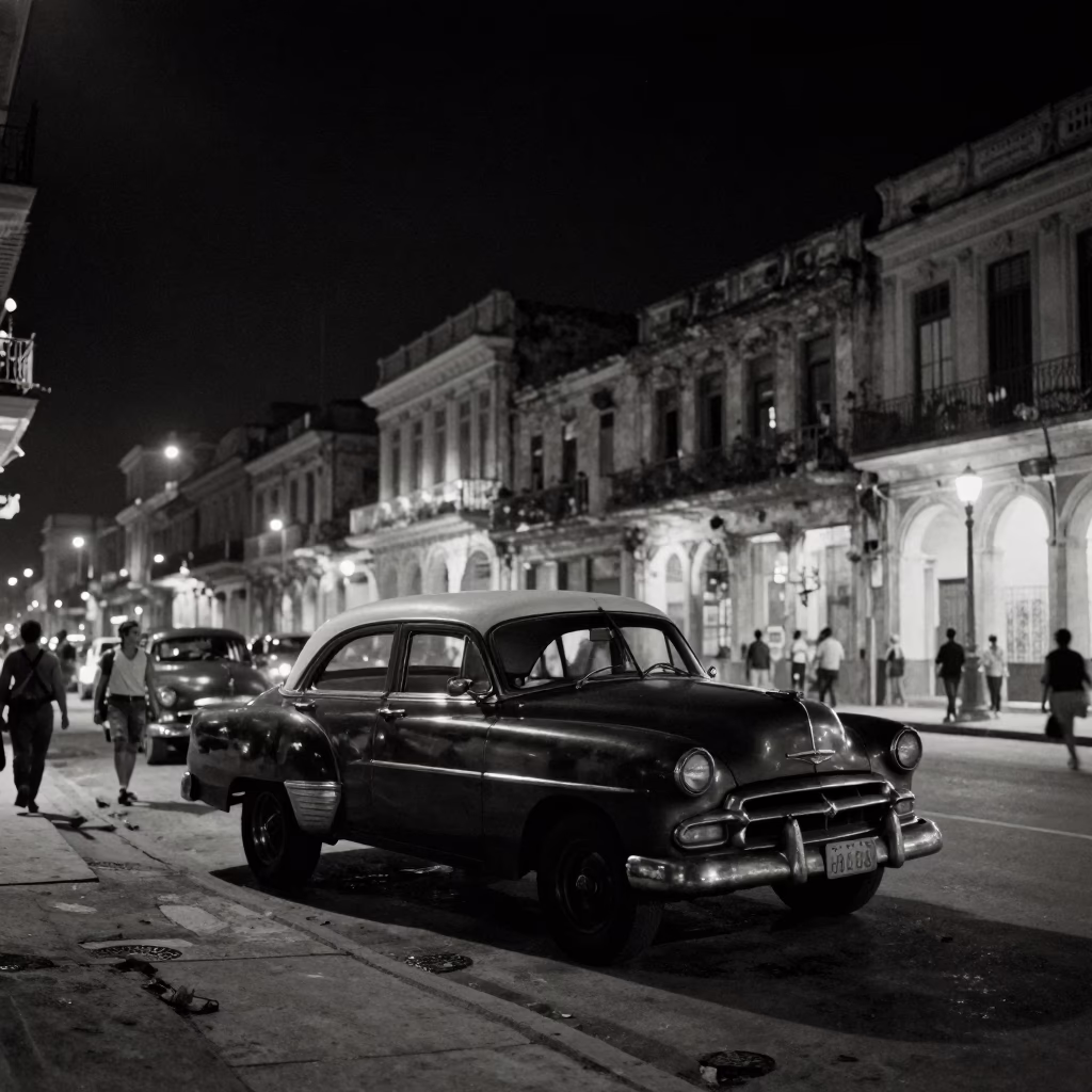 Nighttime Havana Street Scene with Vintage Car and Neon Sign in in Havana, Cuba
