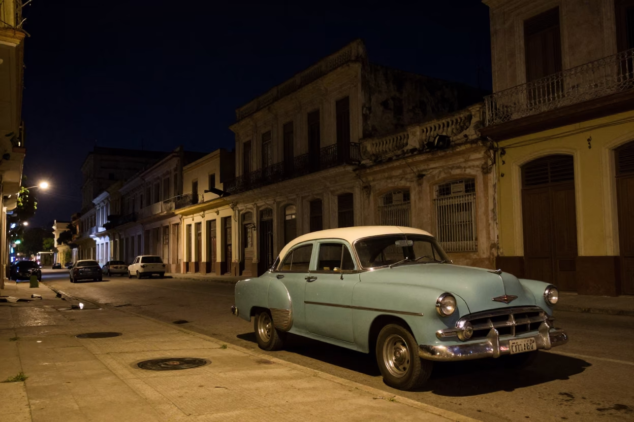 Nighttime Havana Street Scene with Vintage Car and Record Player in in Havana, Cuba
