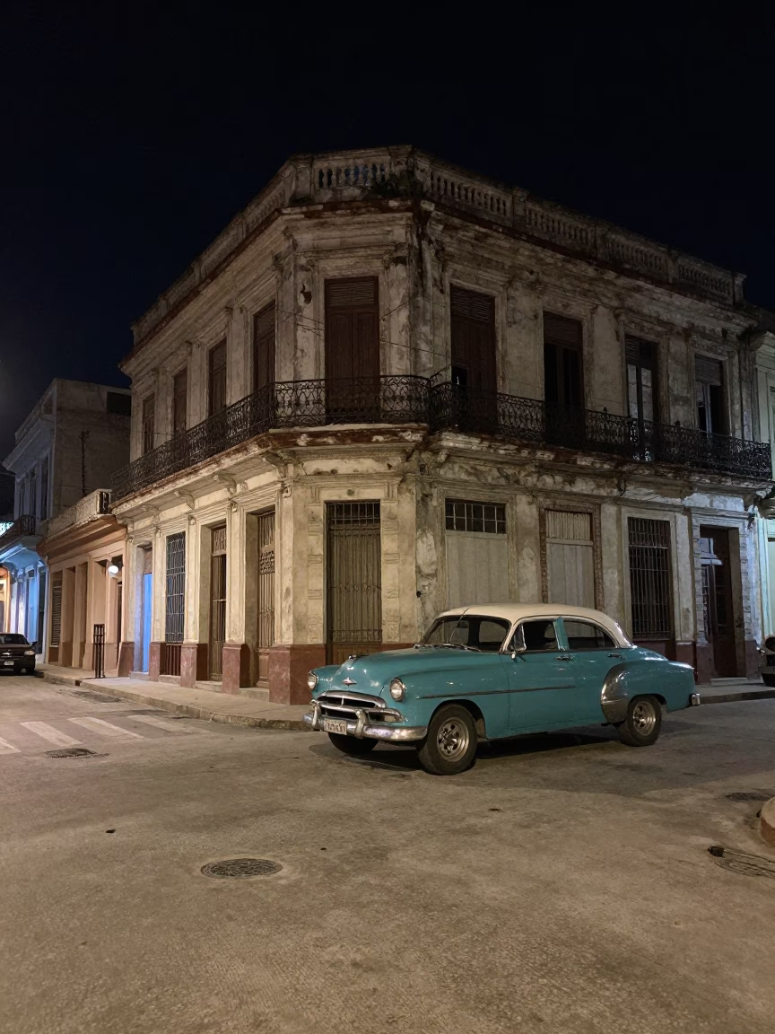 Nighttime Havana Street Scene with Vintage Car and Street Vendor in in Havana, Cuba
